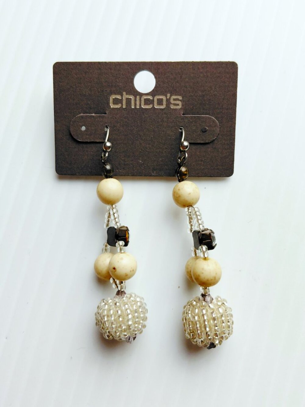 Chico's Silver Tone and Neutral Beads Dangle Hook Earrings Fashion Jewelry